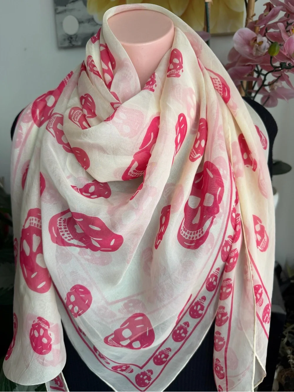 Alexander McQueen Sheer Pink Skull Print Wrap Silk Scarf.